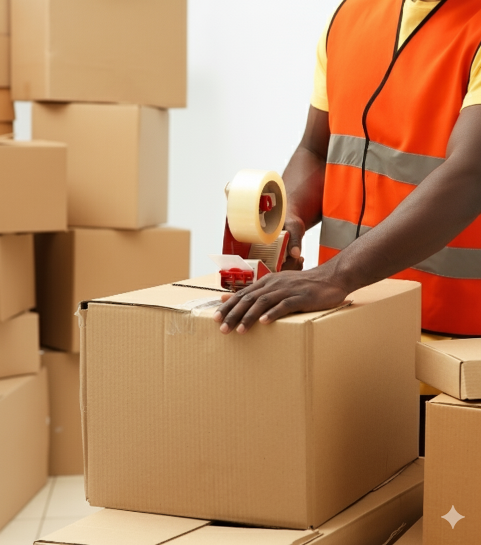 employé qui prépare des cartons location de box ou self stockage avec Martinique Services Logistiques